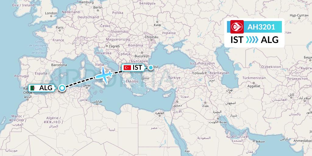 AH3201 Air Algerie Flight Map: Istanbul to Algiers