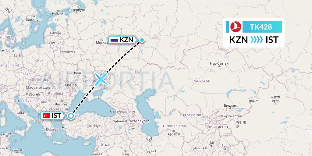 TK428 Turkish Airlines Flight Map: Kazan to Istanbul