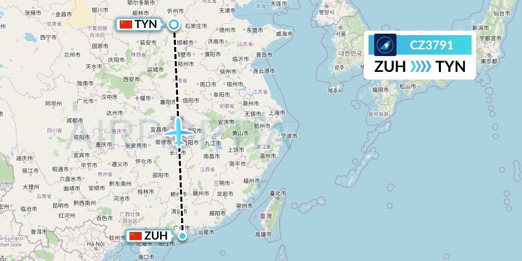 CZ3791 China Southern Airlines Flight Map: Zhuhai to Taiyuan