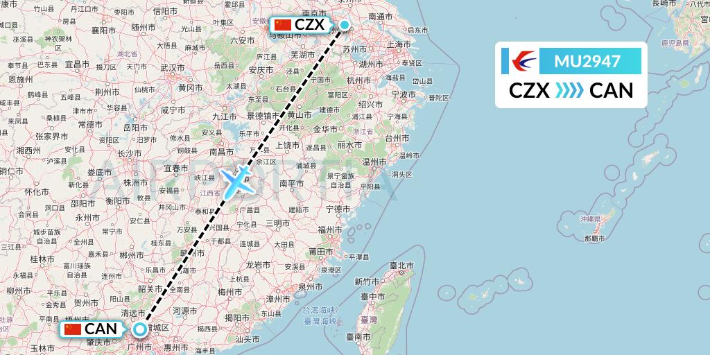 MU2947 China Eastern Airlines Flight Map: Changzhou to Guangzhou
