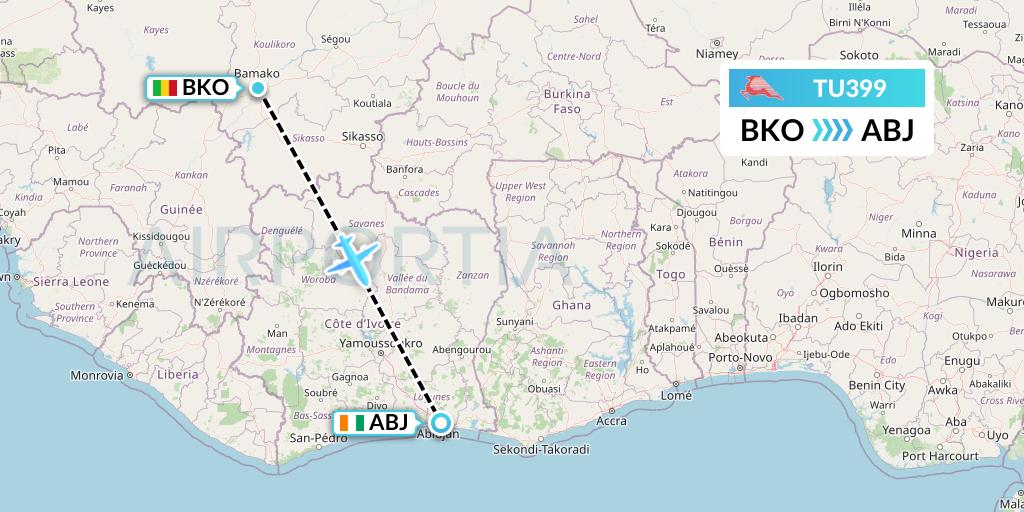 TU399 Tunisair Flight Map: Bamako to Abidjan