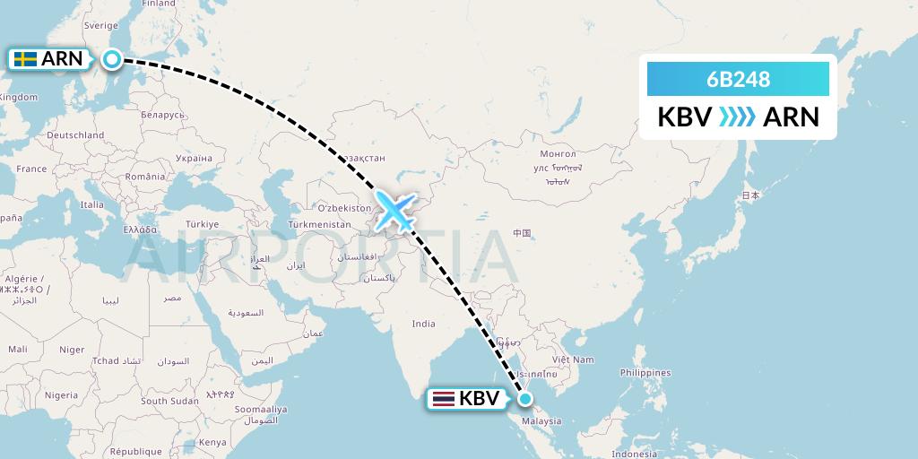 6B248 TUI fly Nordics Flight Map: Krabi to Stockholm
