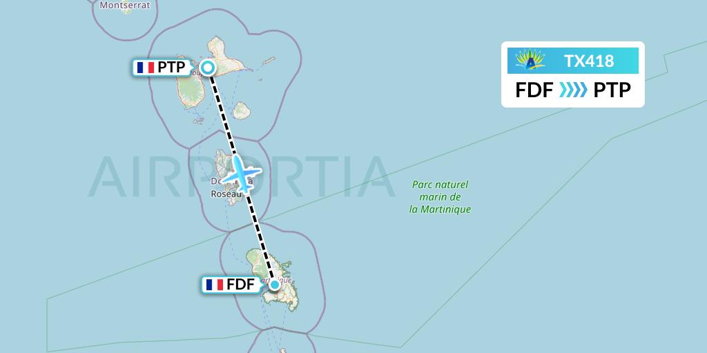 TX418 Air Caraibes Flight Map: Fort-de-France to Pointe-a-Pitre