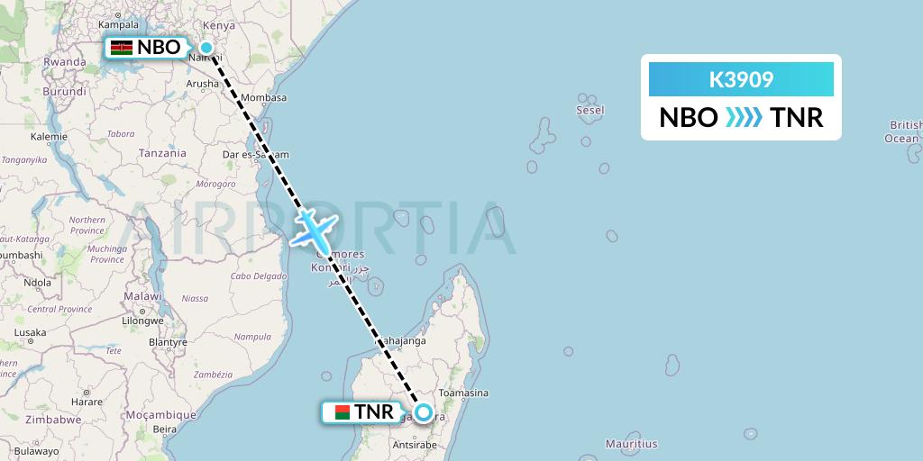 K3909 Taquan Air Flight Map: Nairobi to Antananarivo