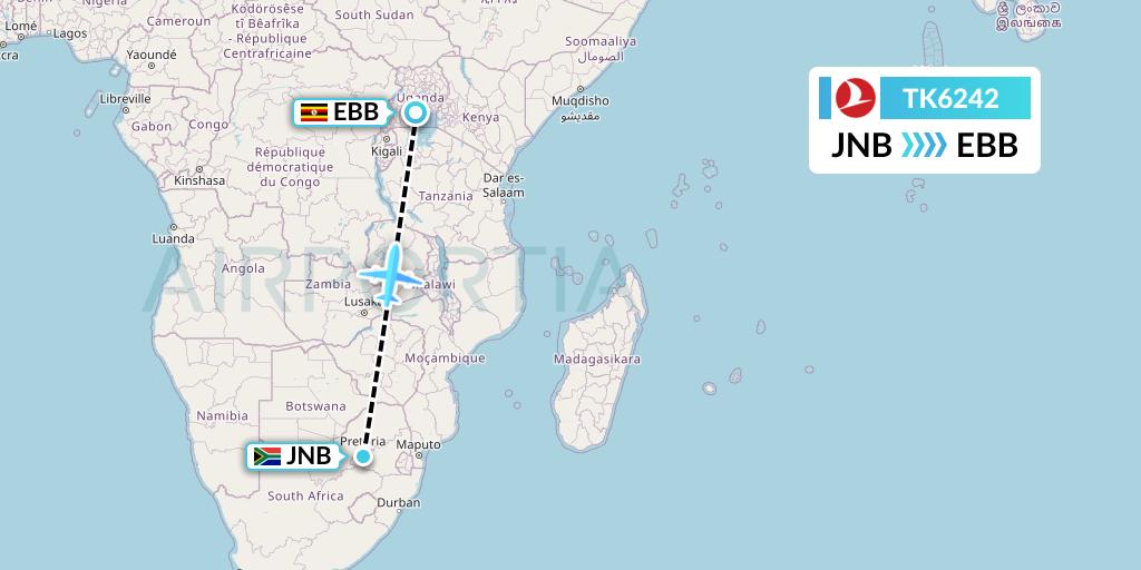 TK6242 Turkish Airlines Flight Map: Johannesburg to Entebbe