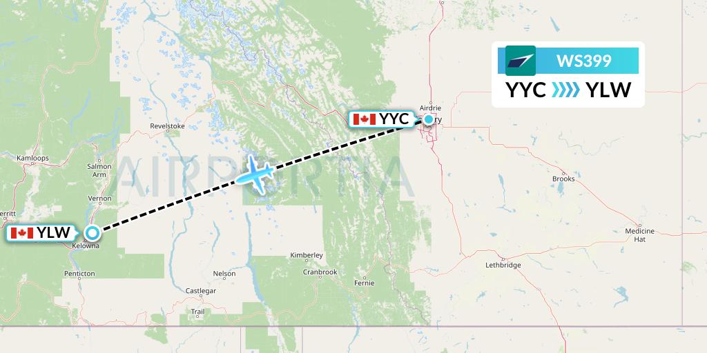 WS399 WestJet Flight Map: Calgary to Kelowna
