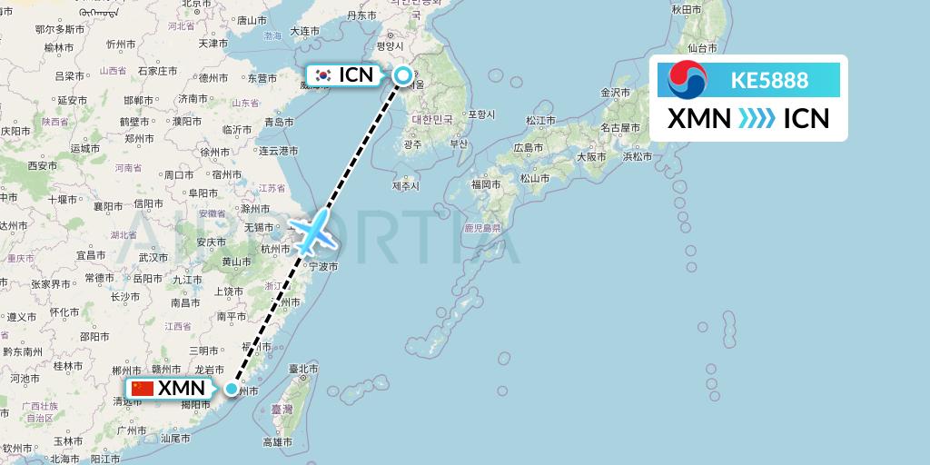 KE5888 Korean Air Flight Map: Xiamen to Seoul