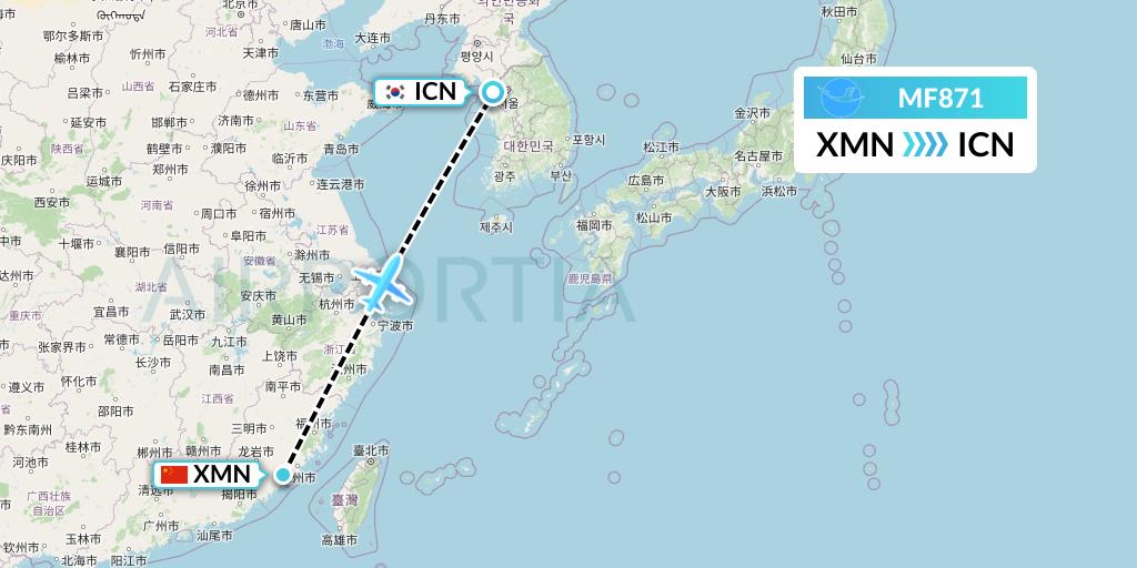 MF871 Xiamen Airlines Flight Map: Xiamen to Seoul
