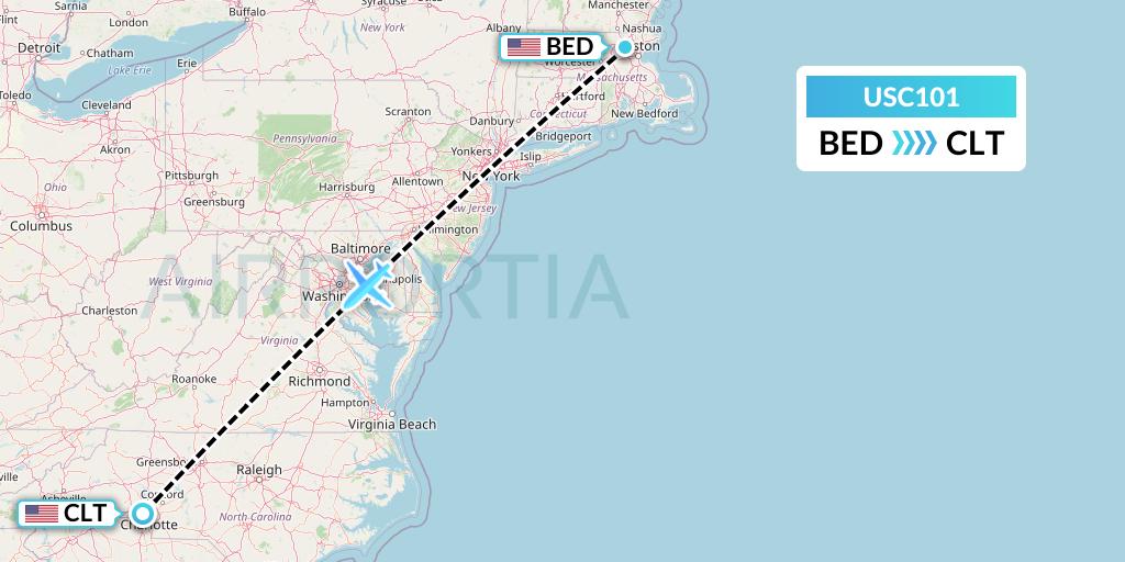 USC101 Airnet Express Flight Map: Bedford to Charlotte