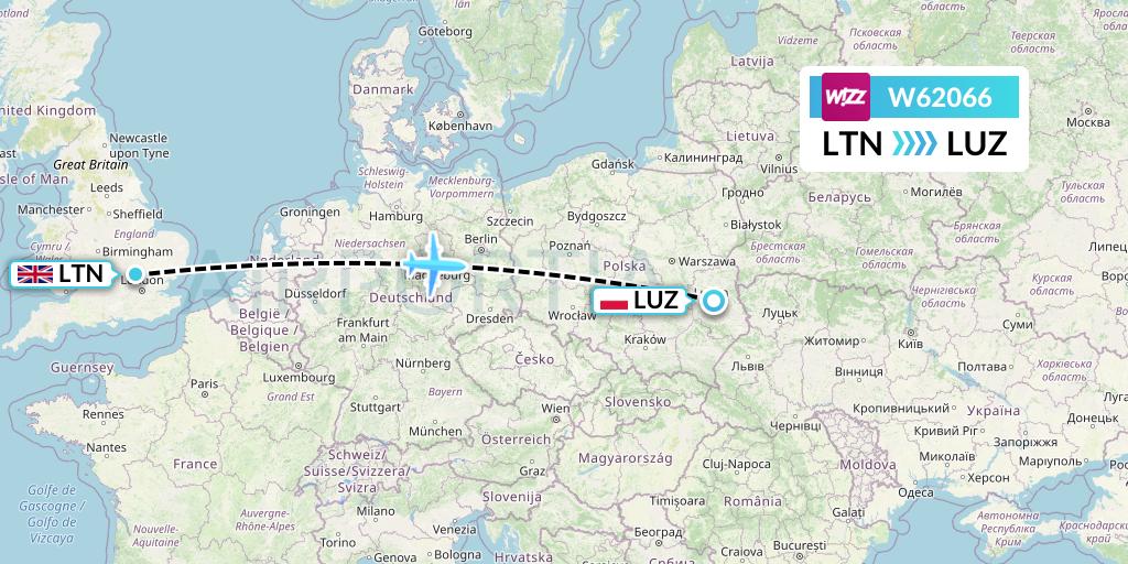 W62066 Wizz Air Flight Map: London to Lublin