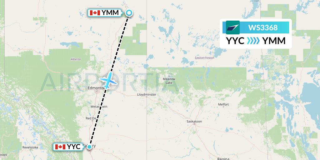 WS3368 WestJet Flight Map: Calgary to Fort McMurray