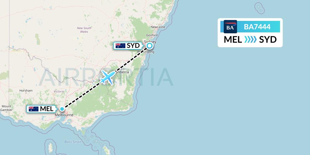 BA7444 British Airways Flight Map: Melbourne to Sydney