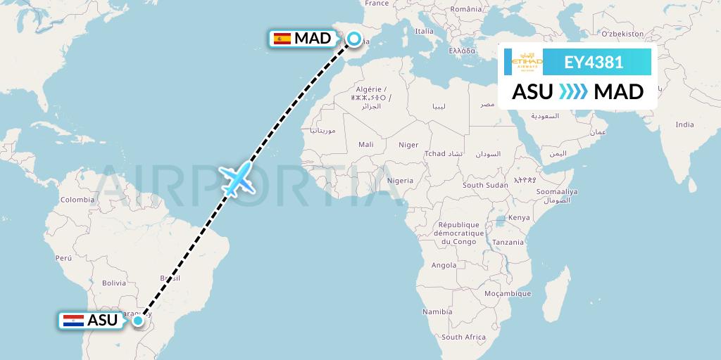 EY4381 Etihad Airways Flight Map: Asuncion to Madrid