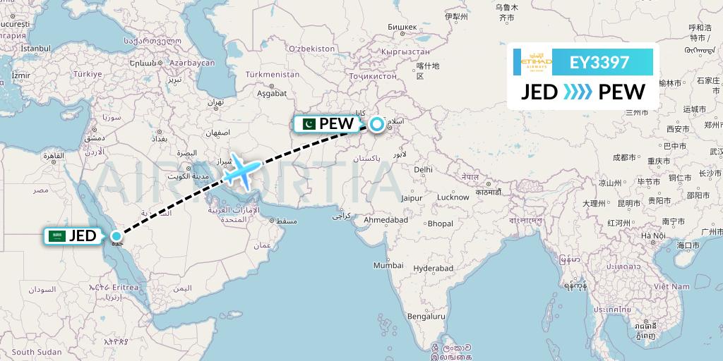 EY3397 Etihad Airways Flight Map: Jeddah to Peshawar