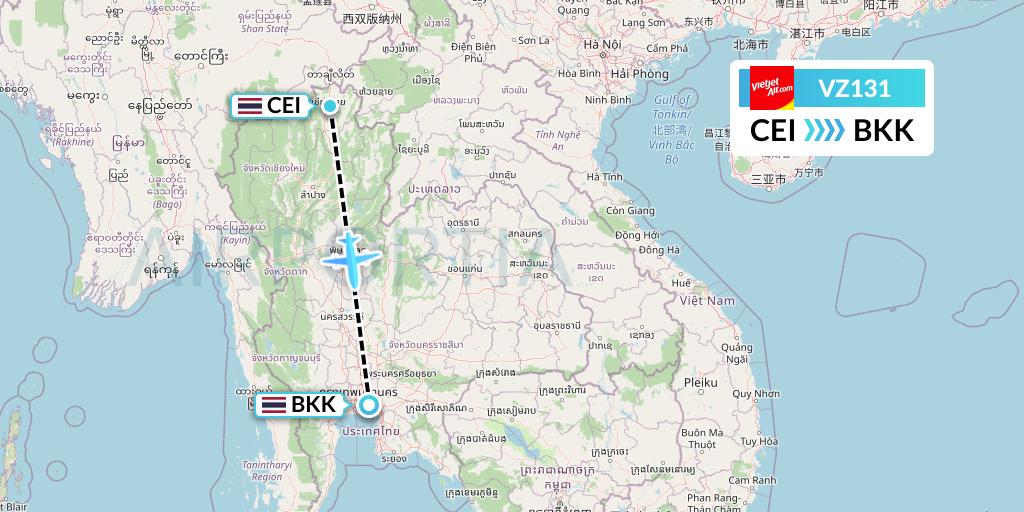 VZ131 Thai Vietjet Air Flight Map: Chiang Rai to Bangkok