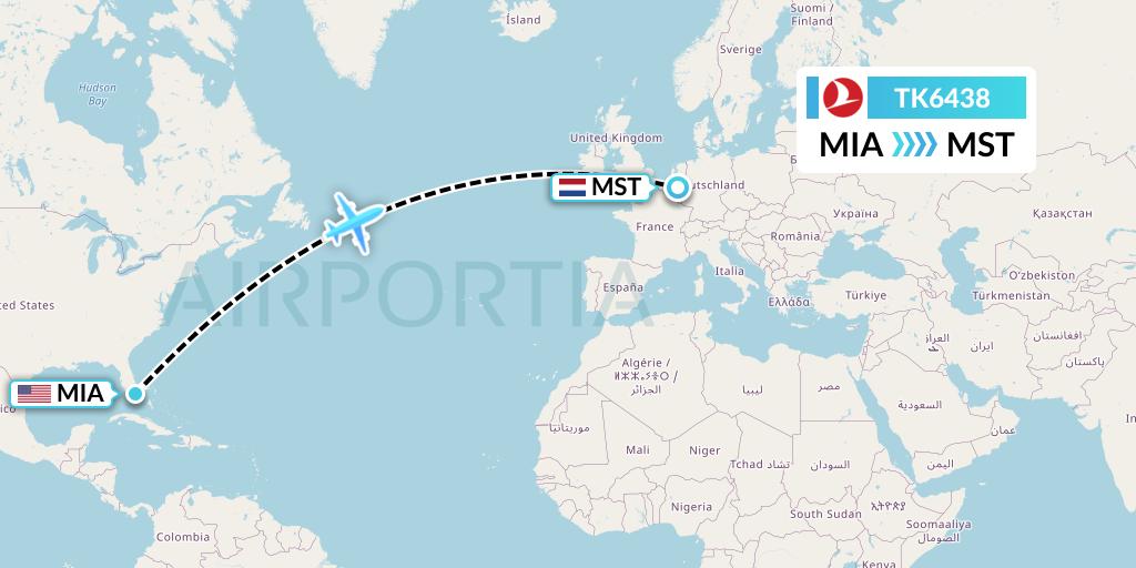 TK6438 Turkish Airlines Flight Map: Miami to Maastricht