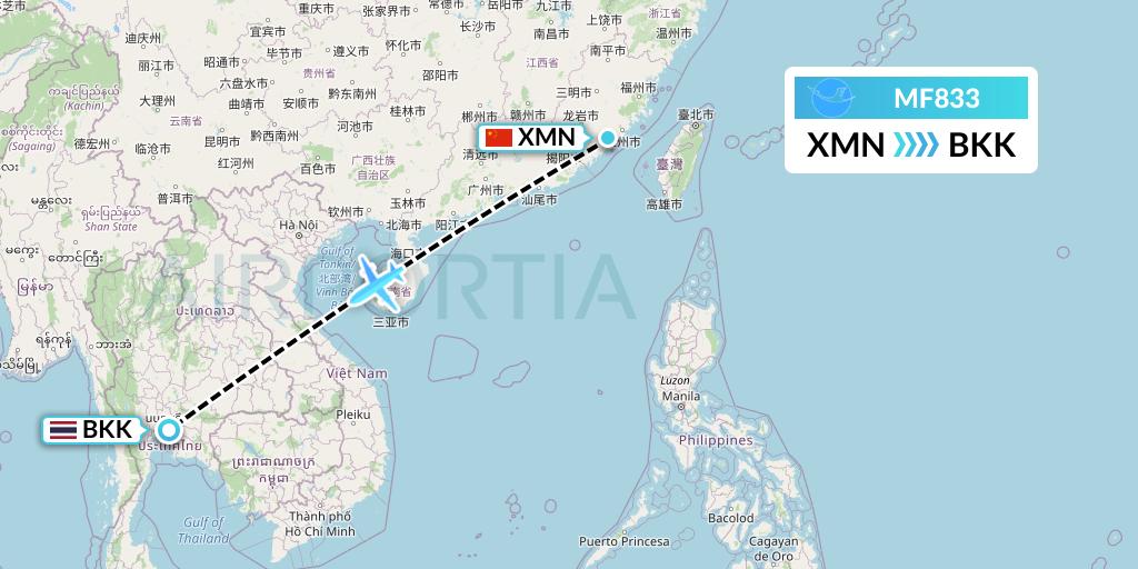MF833 Xiamen Airlines Flight Map: Xiamen to Bangkok