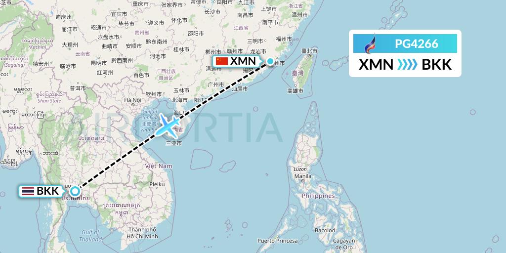 PG4266 Bangkok Airways Flight Map: Xiamen to Bangkok