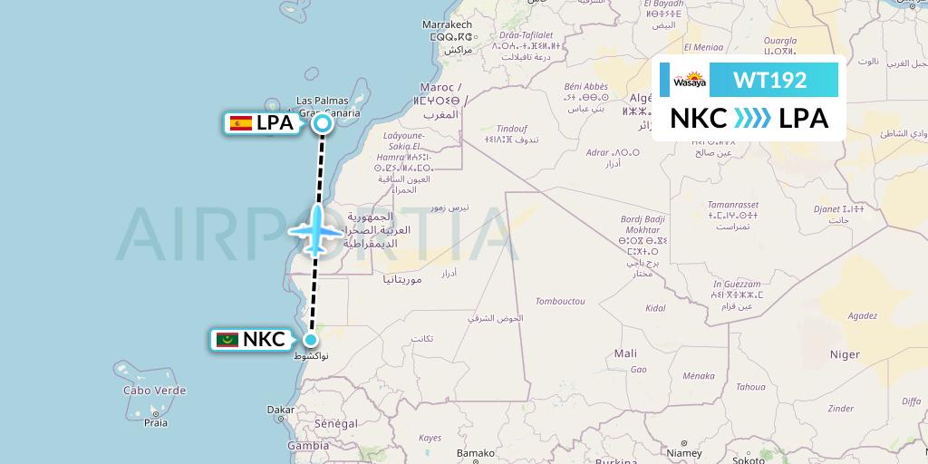 WT192 Swiftair Flight Map: Nouakchott to Las Palmas