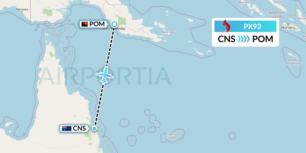 PX93 Air Niugini Flight Map: Cairns to Port Moresby
