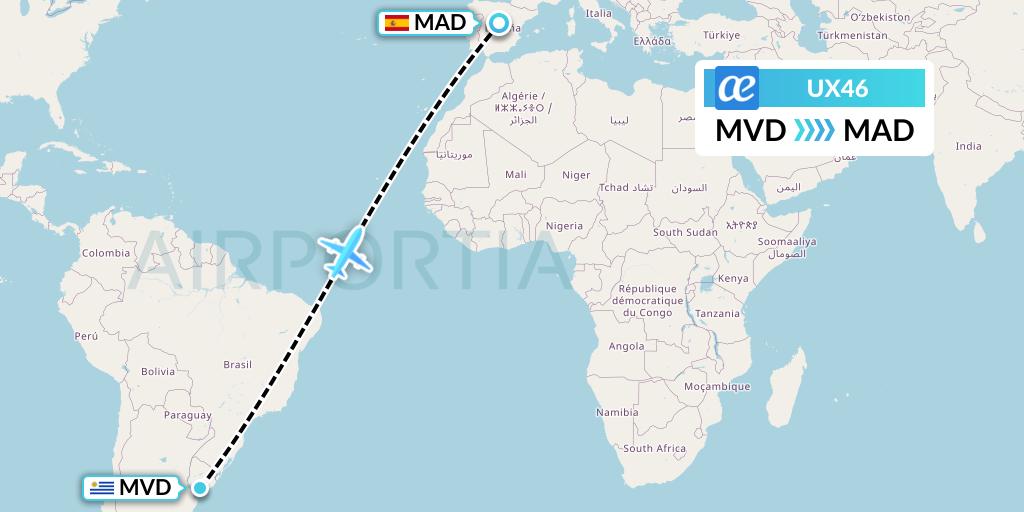 UX46 Air Europa Flight Map: Montevideo to Madrid