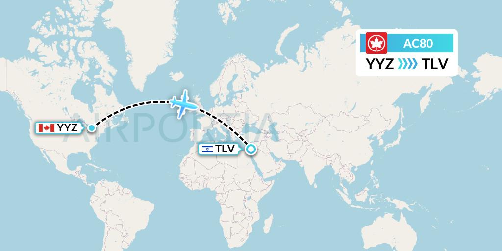 AC80 Air Canada Flight Map: Toronto to Tel Aviv