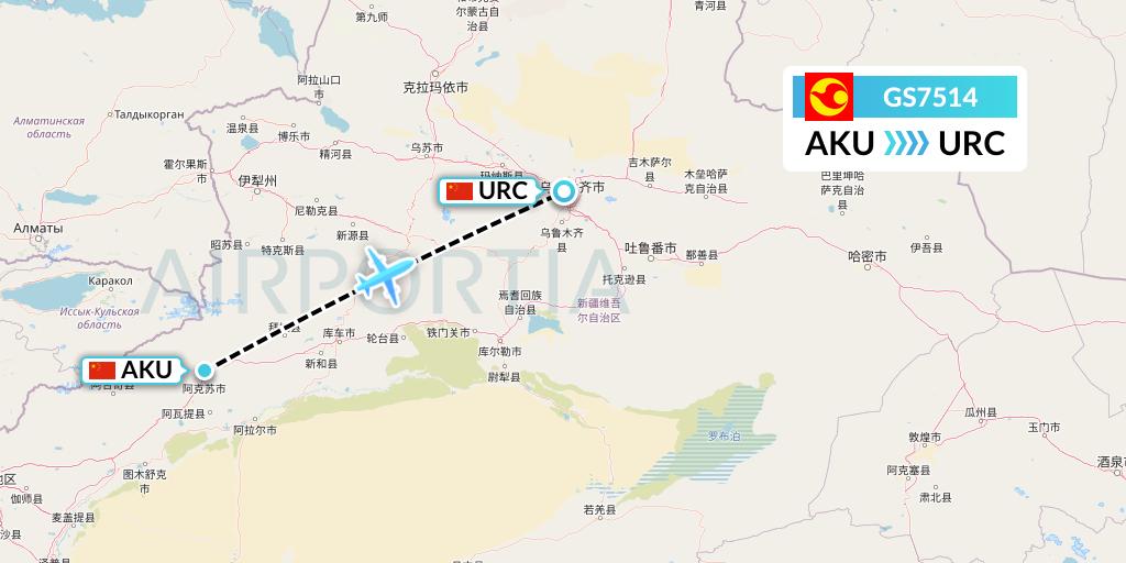 GS7514 Tianjin Airlines Flight Map: Aksu to Urumqi