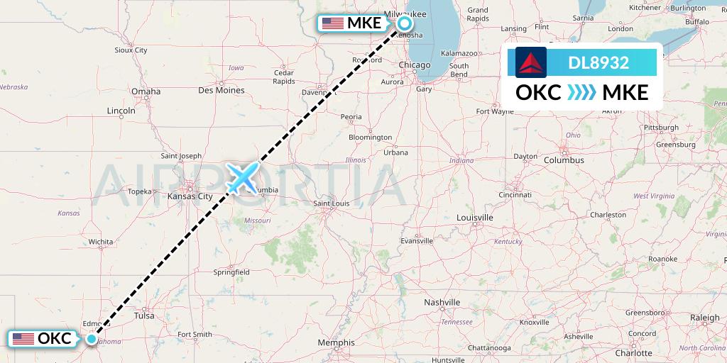 DL8932 Delta Air Lines Flight Map: Oklahoma City to Milwaukee