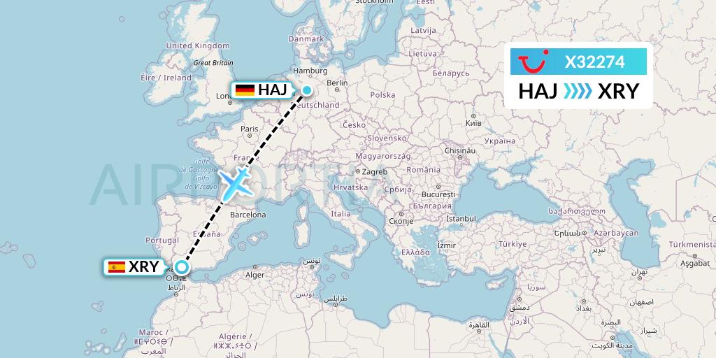 X32274 TUI fly Germany Flight Map: Hannover to Jerez