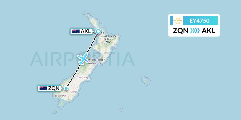 EY4750 Etihad Airways Flight Map: Queenstown to Auckland