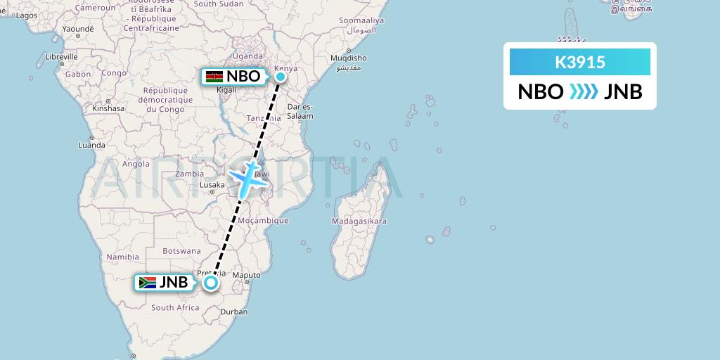 K3915 Taquan Air Flight Map: Nairobi to Johannesburg
