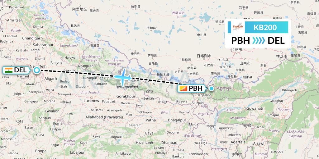 KB200 Druk Air Flight Map: Paro to Delhi