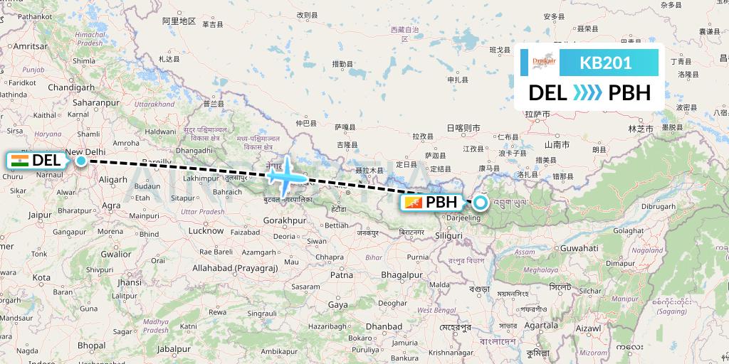 KB201 Druk Air Flight Map: Delhi to Paro