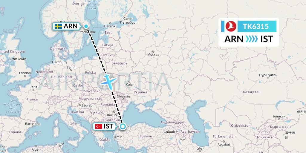 TK6315 Turkish Airlines Flight Map: Stockholm to Istanbul