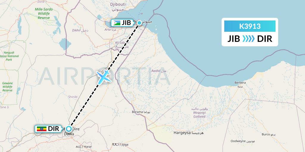 K3913 Taquan Air Flight Map: Djibouti to Dire Dawa