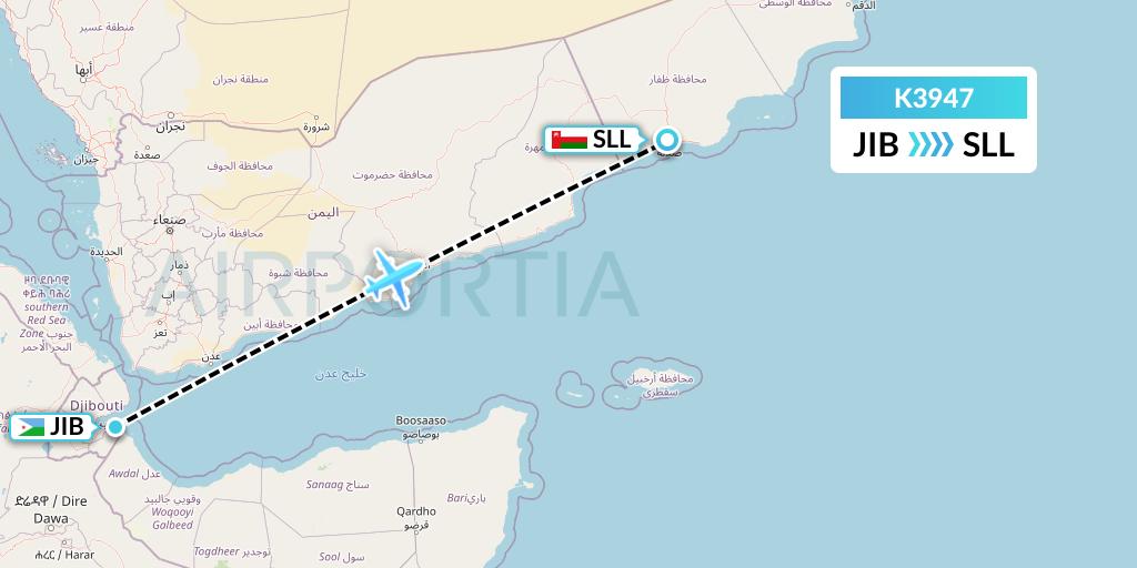 K3947 Taquan Air Flight Map: Djibouti to Salalah