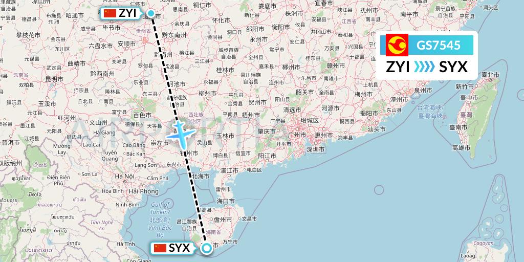 GS7545 Tianjin Airlines Flight Map: Zunyi to Sanya