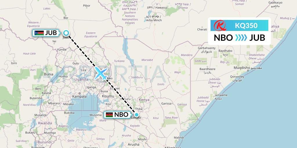 KQ350 Kenya Airways Flight Map: Nairobi to Juba