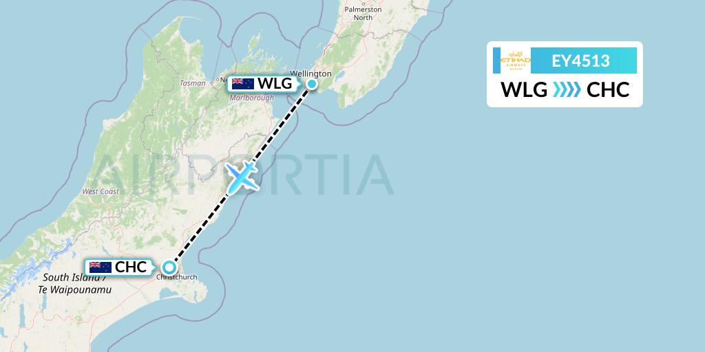 EY4513 Etihad Airways Flight Map: Wellington to Christchurch