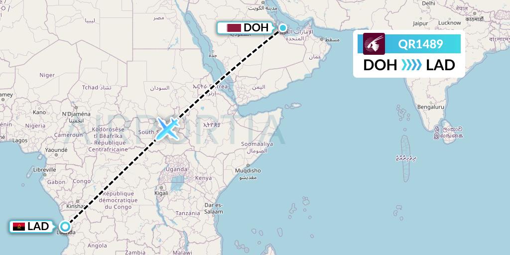 QR1489 Qatar Airways Flight Map: Doha to Luanda