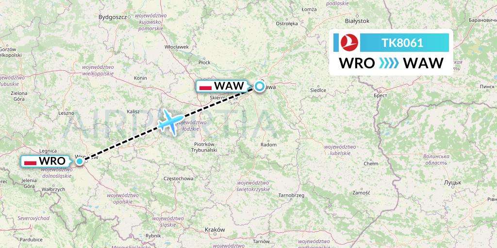 TK8061 Turkish Airlines Flight Map: Wroclaw to Warsaw