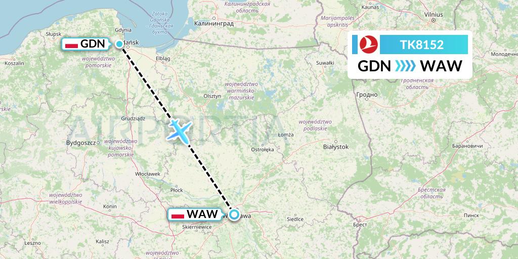 TK8152 Turkish Airlines Flight Map: Gdansk to Warsaw