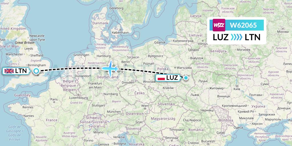 W62065 Wizz Air Flight Map: Lublin to London
