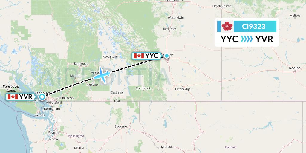 CI9323 China Airlines Flight Map: Calgary to Vancouver