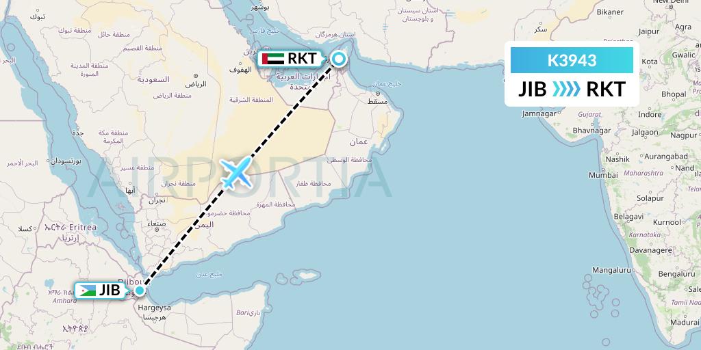 K3943 Taquan Air Flight Map: Djibouti to Ra'sal-Khaymah