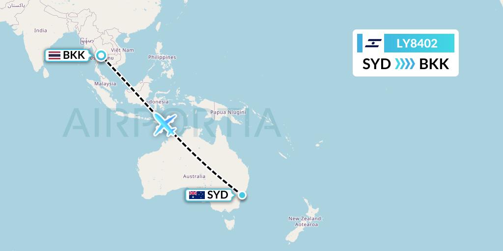 LY8402 El Al Flight Map: Sydney to Bangkok