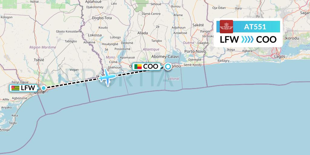 AT551 Royal Air Maroc Flight Map: Lome to Cotonou