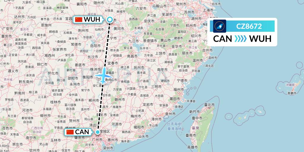 CZ8672 China Southern Airlines Flight Map: Guangzhou to Wuhan
