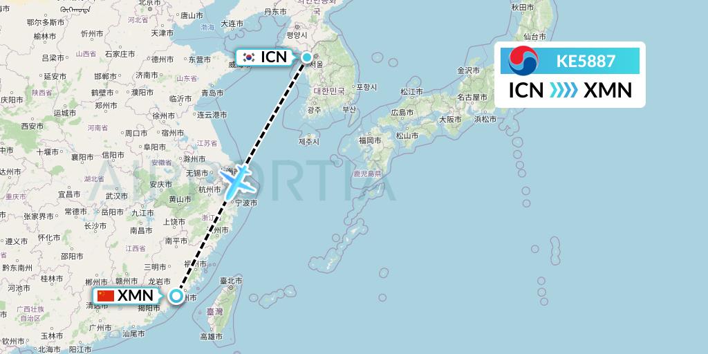 KE5887 Korean Air Flight Map: Seoul to Xiamen