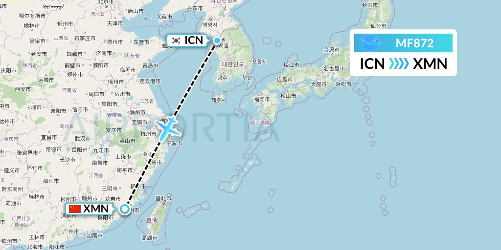 MF872 Xiamen Airlines Flight Map: Seoul to Xiamen